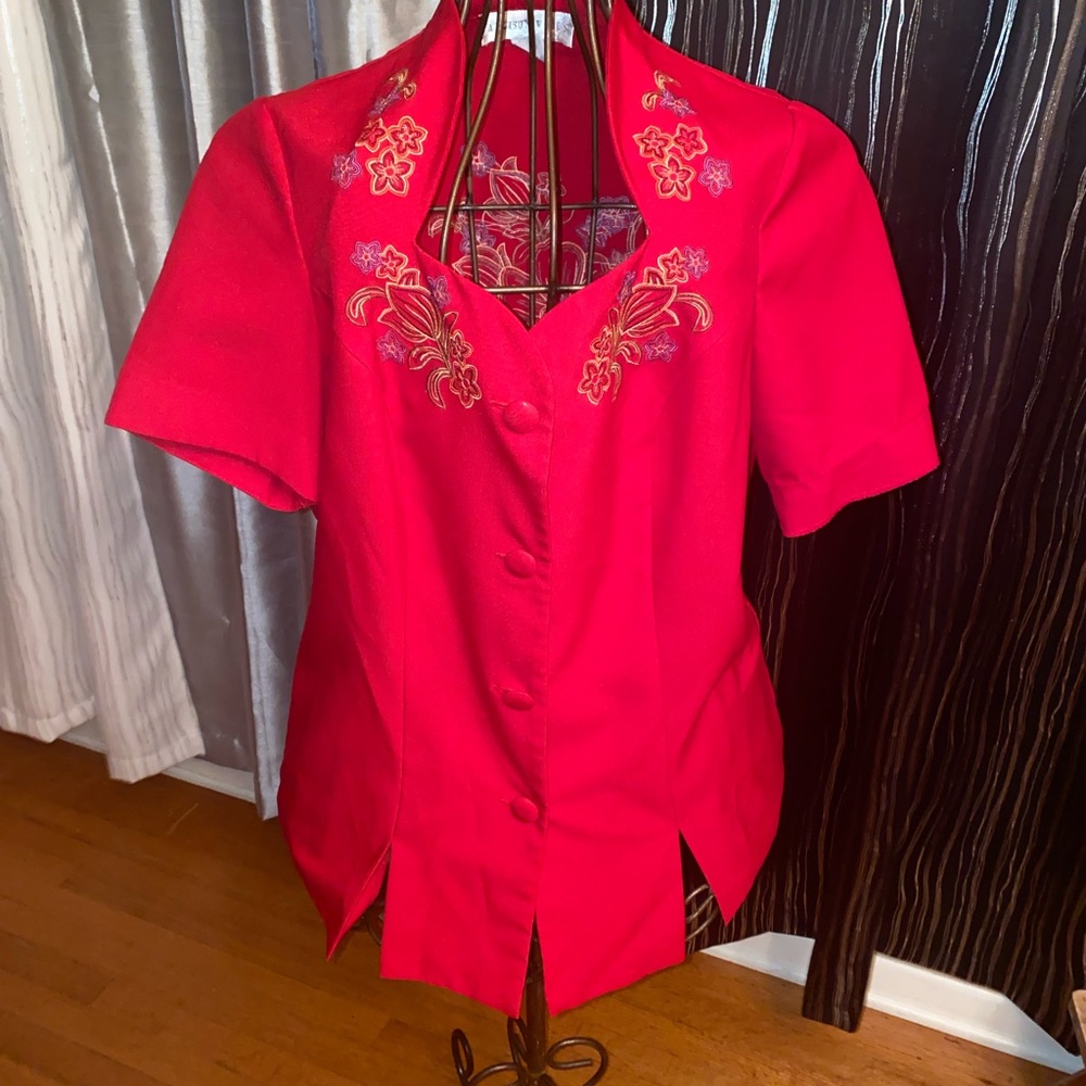 Vintage Blouse Red Embroidered Colorful Flowers